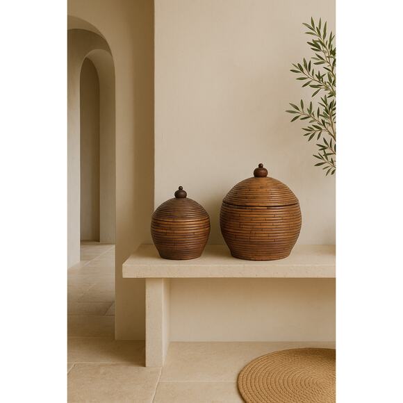 Vintage MCM Handmade Beehive Shaped Pencil Reed Lidded Basket 2 pcs - Picture 1 of 9